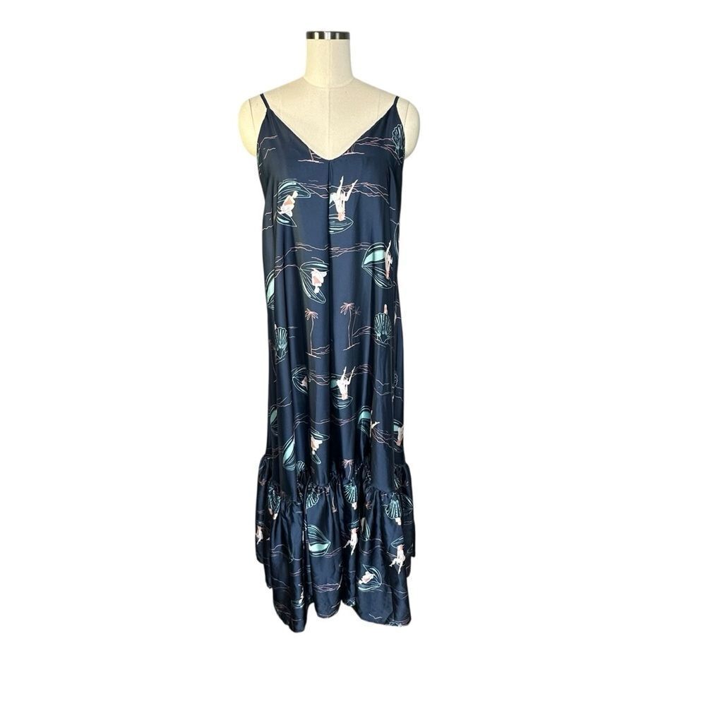 Ancora Navy Blue Seashell Mermaid Ruffle Maxi Beach Dress| L